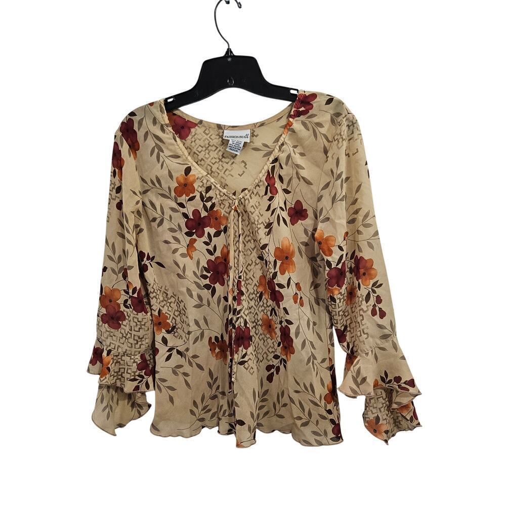 90s Fashion Bug Floral Womans Top Flouncy Sleeves Whimsical Fairycore Sz Medium